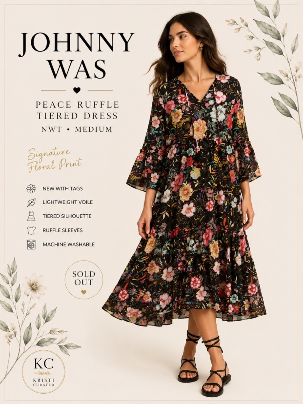 🖤 Johnny Was Peace Ruffle Tiered Dress NWT Medium Black Floral Boho